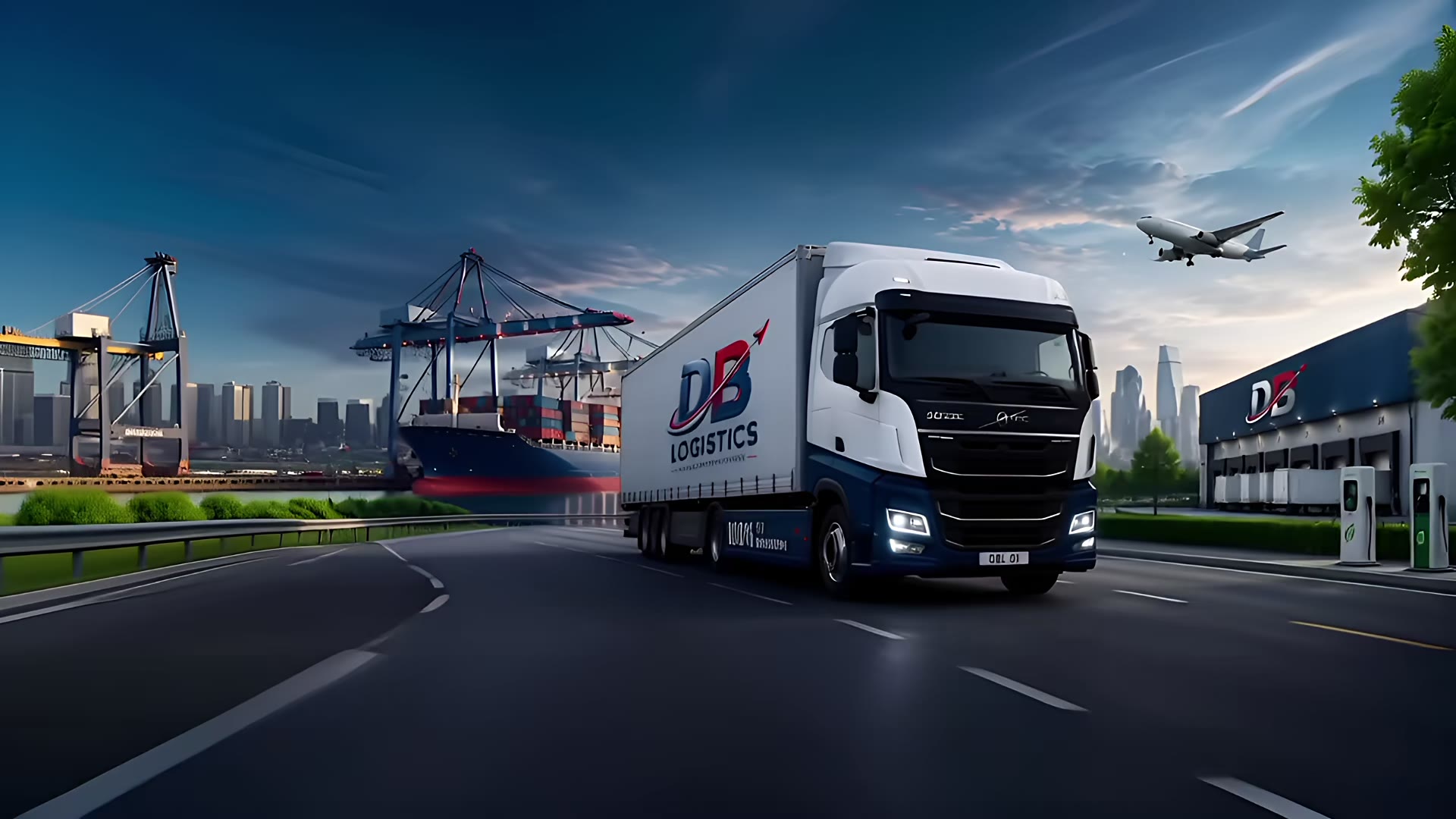 DB Logistics articulated lorry on a UK road with a container port and the London skyline behind it